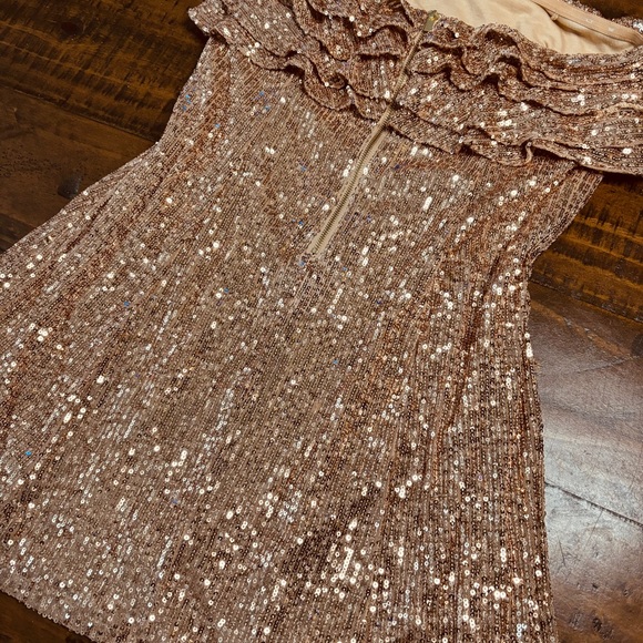 Free People New Frida Ruffle Mini Dress Sequined Bronze 6 Cocktail Party - Picture 10 of 13